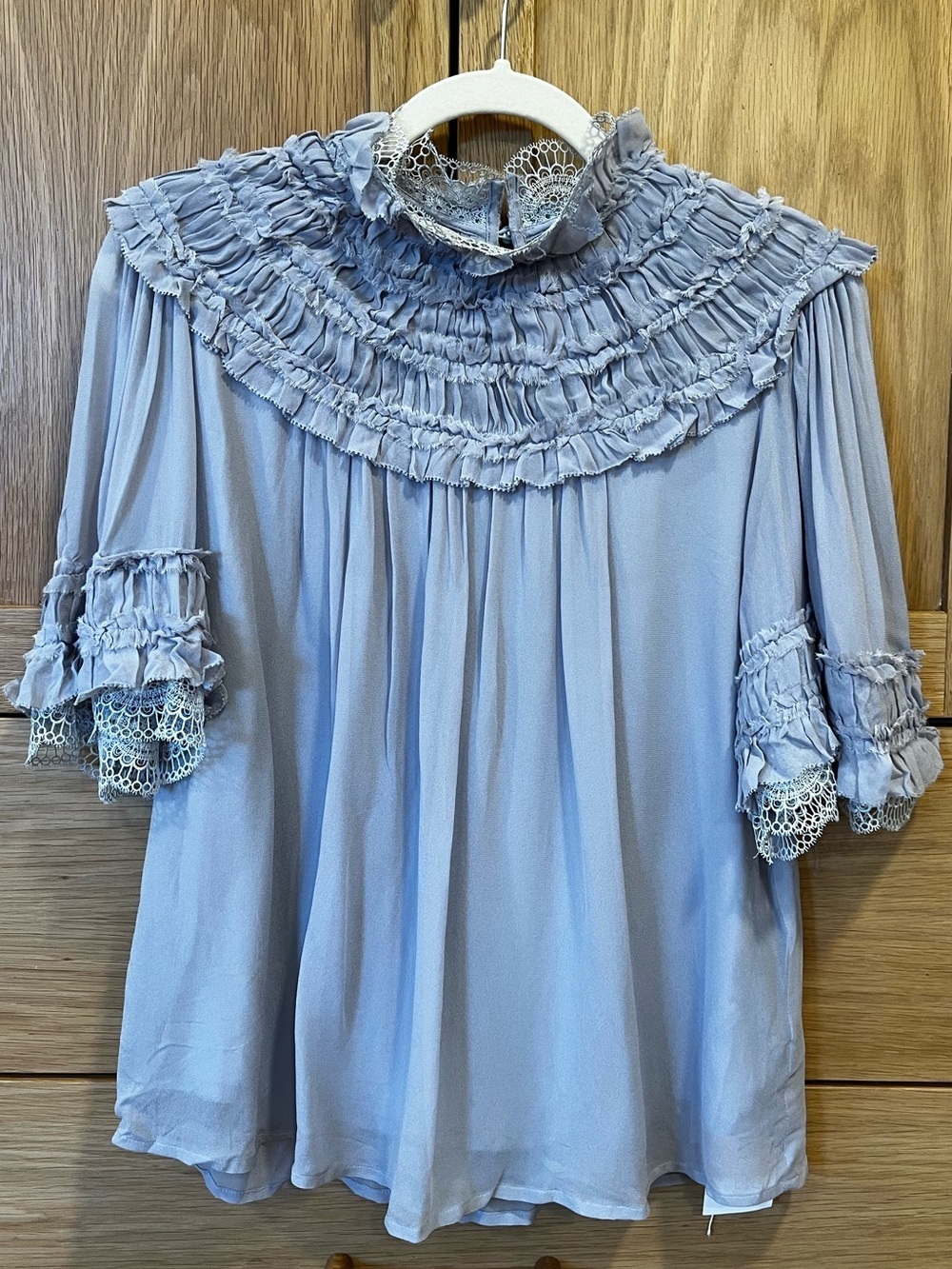 Magali Pascal Annely Ruffle Lace High Neck Blouse Blue Slate Size Small NWT Chic